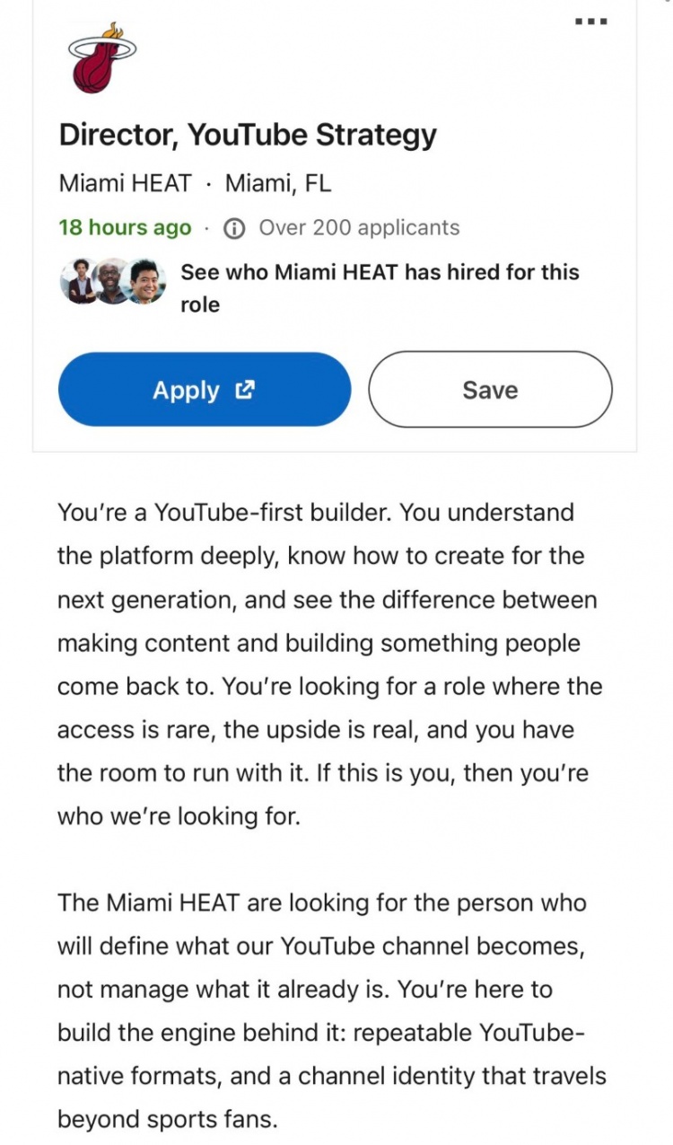 热火YouTube误发詹姆斯加盟预告 招聘战略总监已超200人申请 热火YouTube误发詹姆斯加盟预告 招聘战略总监已超200人申请